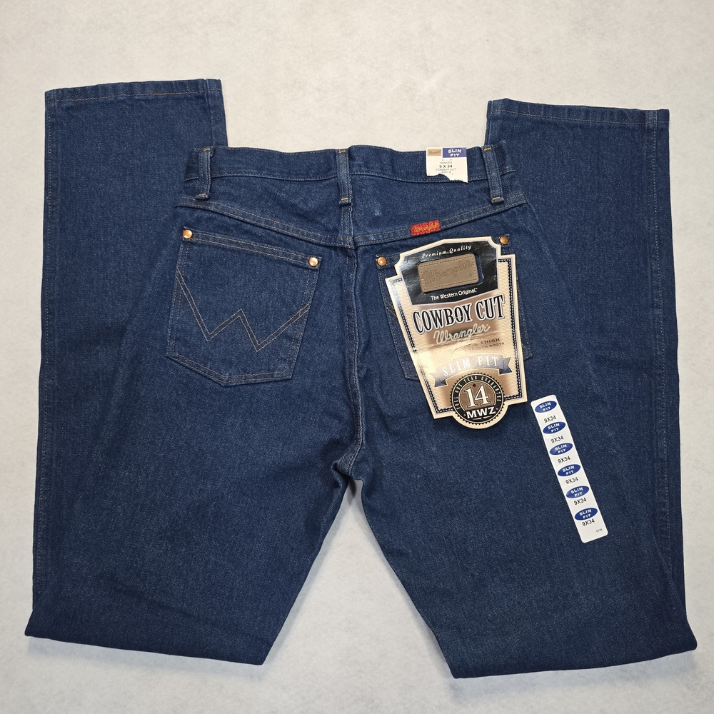 Wrangler Cowboy Cut Slim Fit Jeans Mens 9x34 Indigo Blue Denim 14MWZ NWT